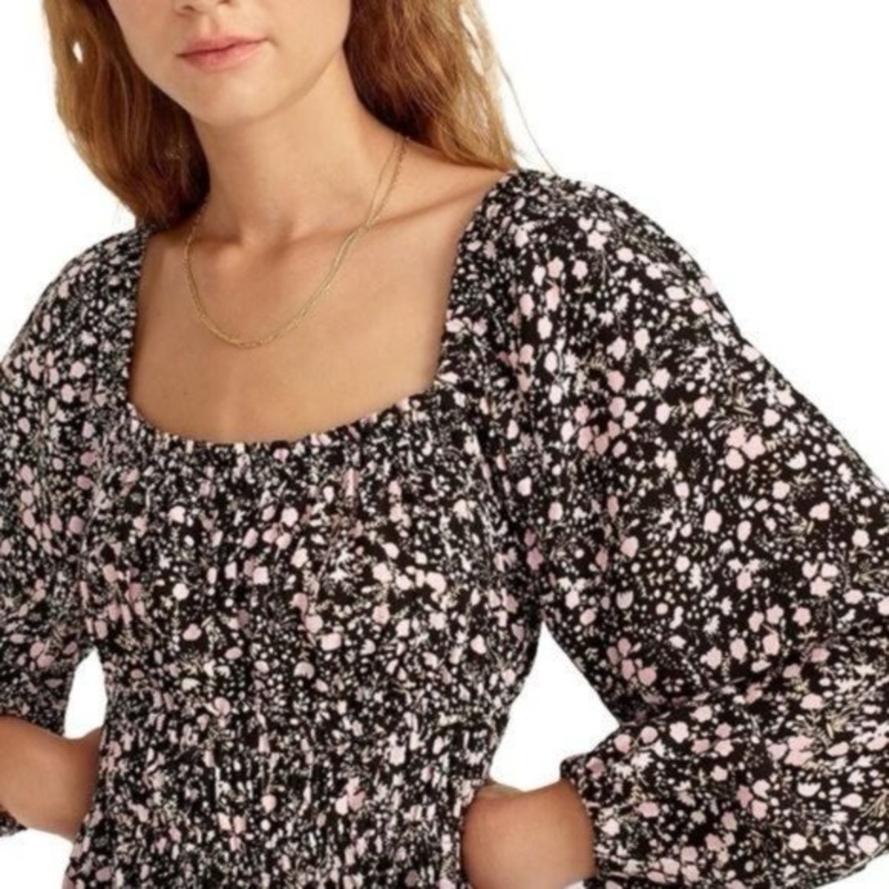 J. Crew Black and Pink puff sleeve floral pheasant top